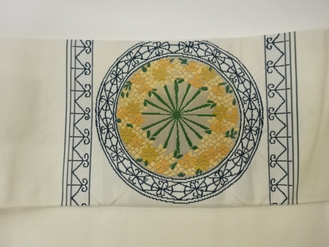  丸文に花葉・幾何学模様織出し名古屋帯